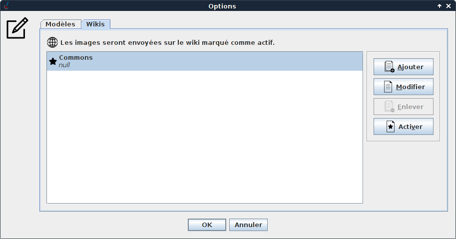 Wikis configuration window.